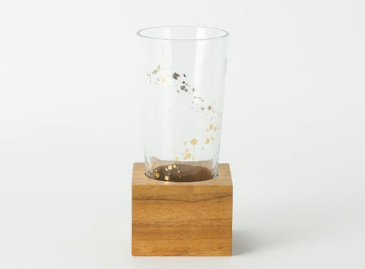 Soka Gakkai glass flower stand teak base