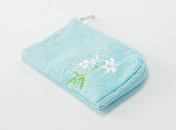 SGI Soka Gakkai prayer beads pouch White lily logo light blue